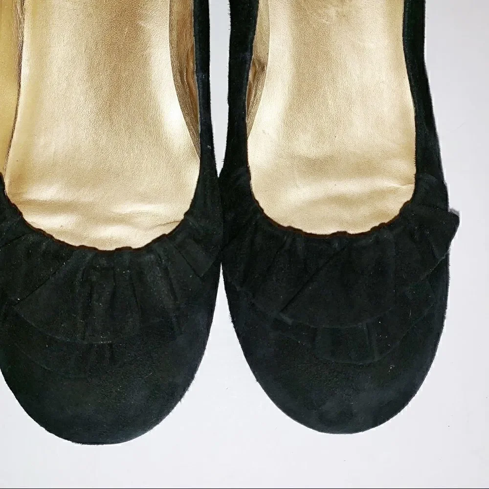 Me too black suede wedge pumps with ruffle  7.5